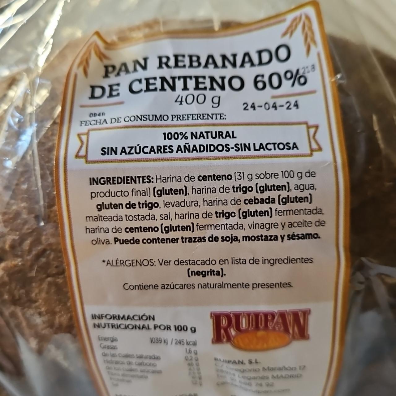 Fotografie - Pan rebanado de centeno 60% Ruipan