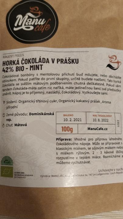 Fotografie - Horká čokoláda v prášku 42% bio mint ManuCafe