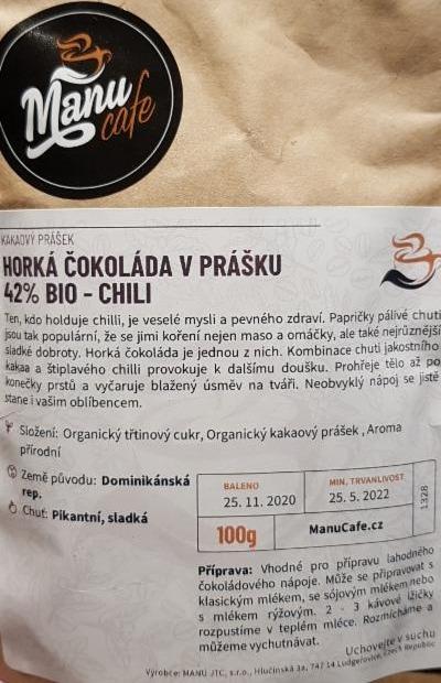 Fotografie - Horká čokoláda v prášku 42% bio chili ManuCafe