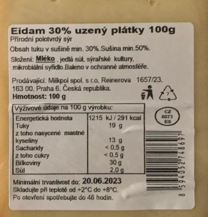 Fotografie - Eidam 30% uzený plátky Milkpol