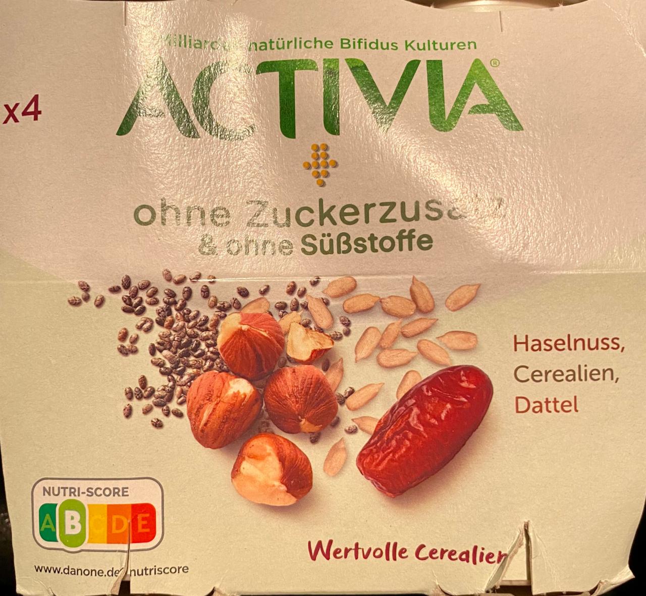 Fotografie - Activia ohne Zuckerzusatz & ohne Süßstoffe Haselnuss, Cerealien, Dattel