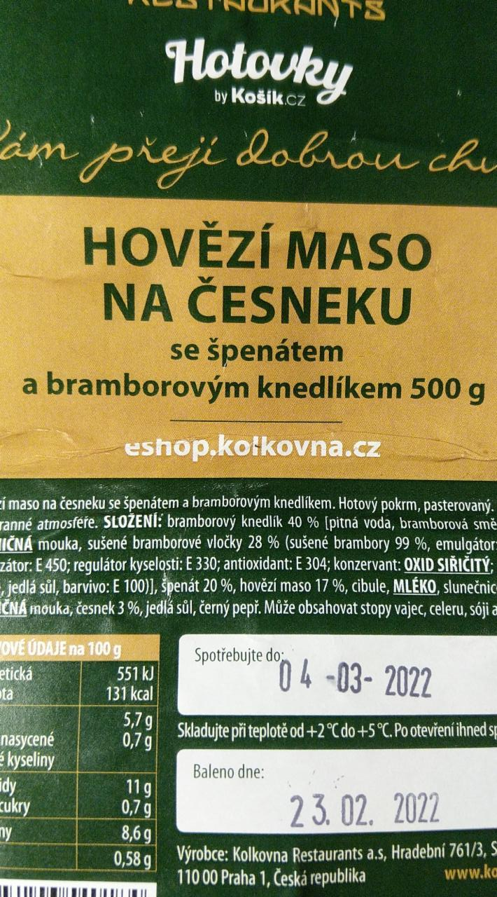 Fotografie - Hovězí maso na česneku se špenátem a bramborovým knedlíkem Kolkovna