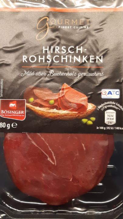 Fotografie - Hirsch-Rohschinken mild über Buchenholz geräuchert