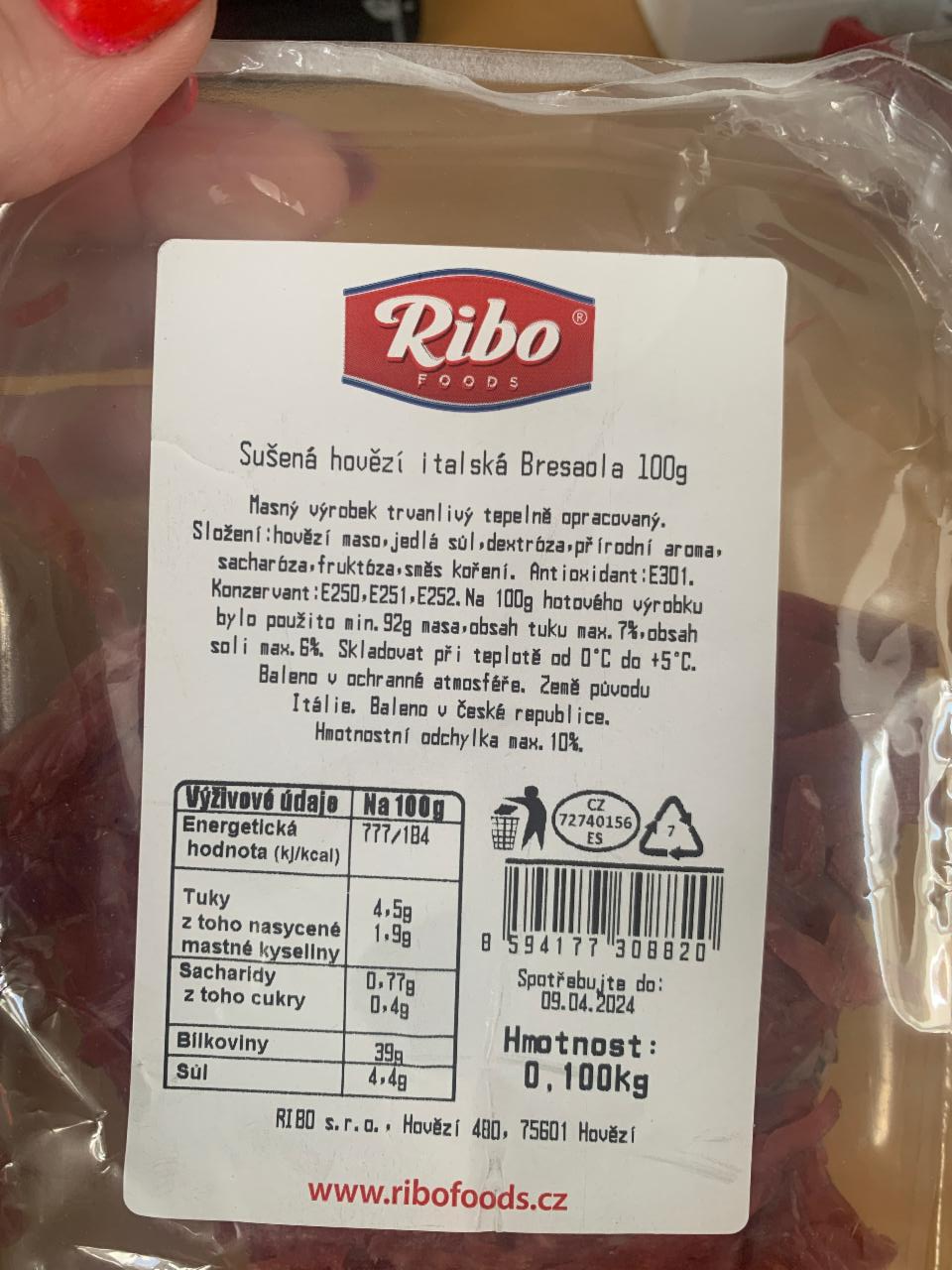 Fotografie - Sušená hovězí italská Bresaola Ribo foods