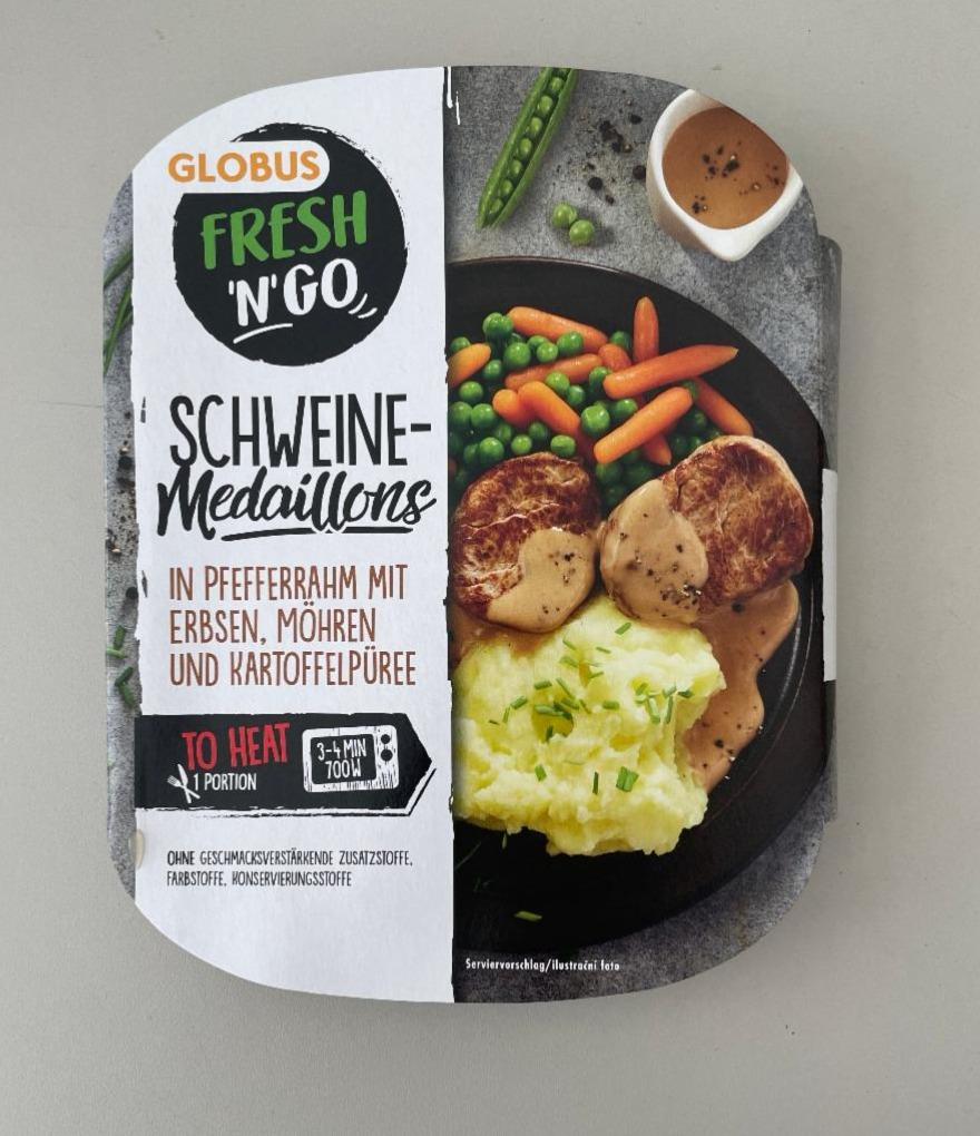 Fotografie - FRESH 'N' GO Schweinemedaillons in Pfefferrahm mit Erbsen, Möhren und Kartoffelpüree Globus