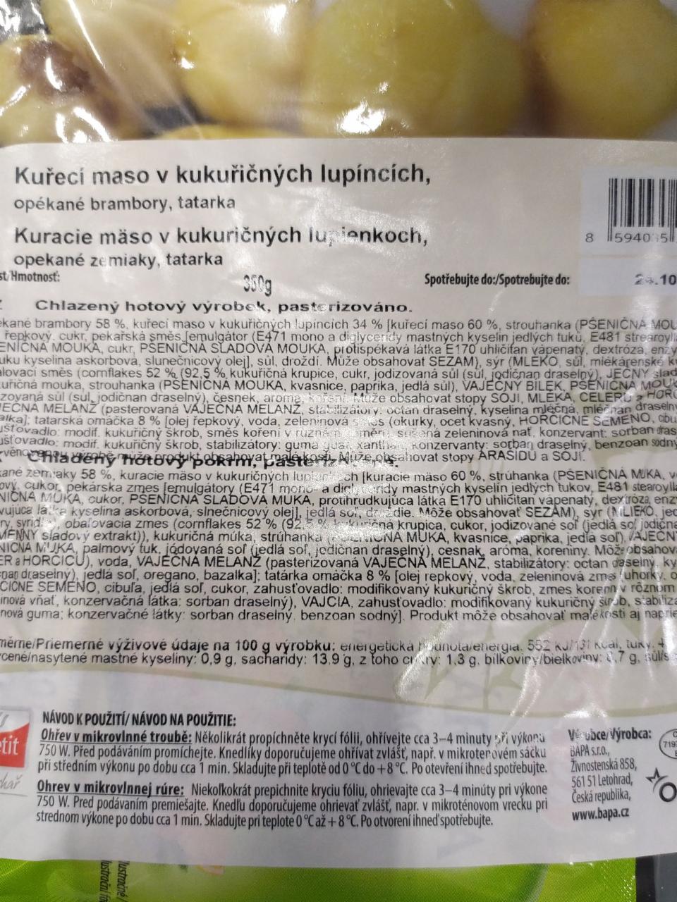 Fotografie - Kuřecí maso v kukuřičných lupíncích, opékané brambory, tatarka Apetit