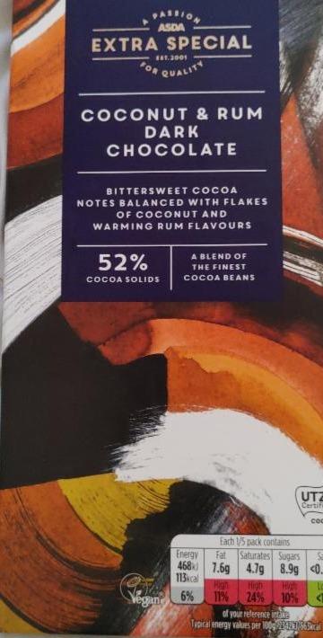 Fotografie - Coconut & Rum Dark Chocolate 52% Asda