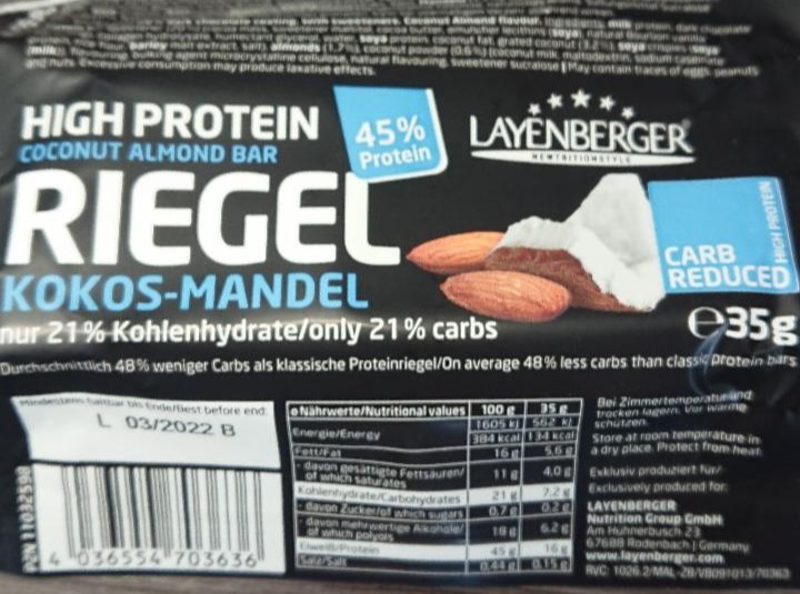 Fotografie - High protein coconut almond bar riegel Layenberger