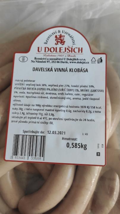 Fotografie - Davelská vinná klobása Řeznictví U Dolejších