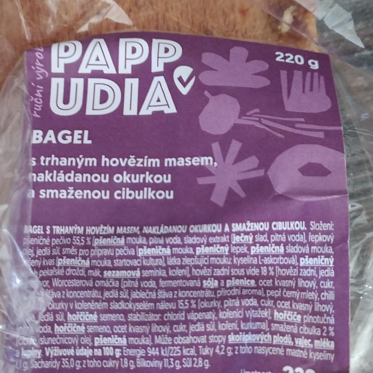 Fotografie - Bagel s trhanými hovězím masem, nakládanou okurkou a smaženou cibulkou Pappudia