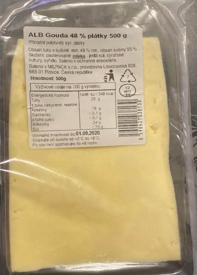 Fotografie - Gouda plátky 48% Milpack