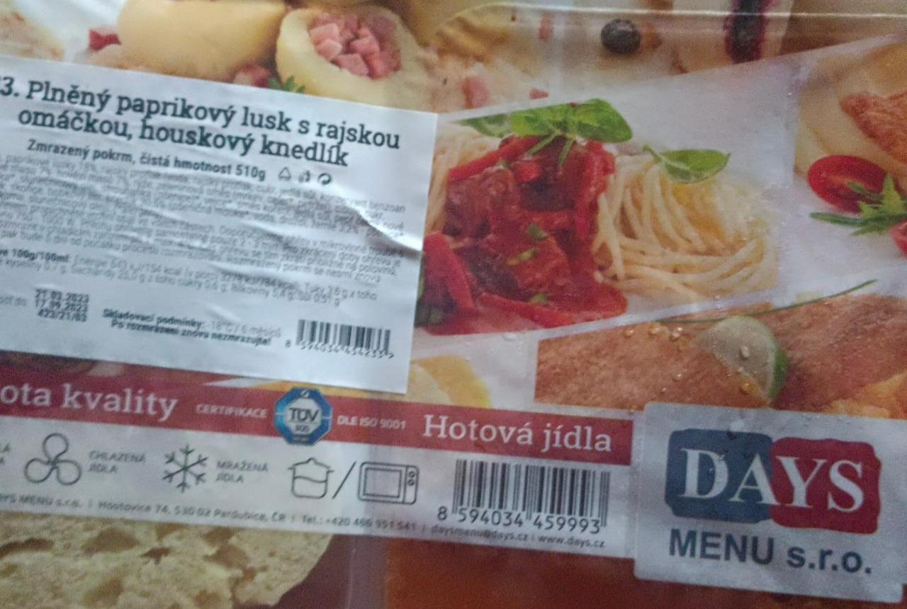 Fotografie - Plněný paprikový lusk s rajskou omáčkou, houskový knedlík Days menu