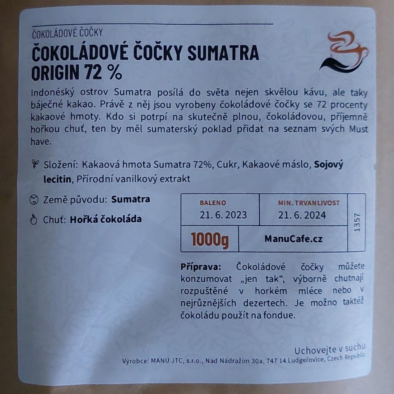 Fotografie - Čokoládové čočky sumatra origin 72% ManuCafe