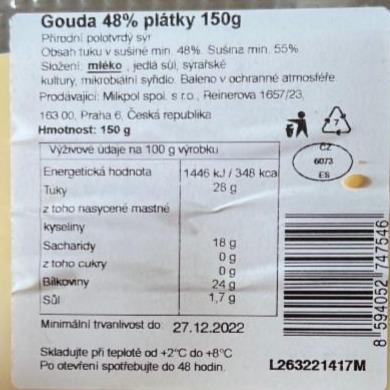 Fotografie - Gouda 48% plátky Mlekpol