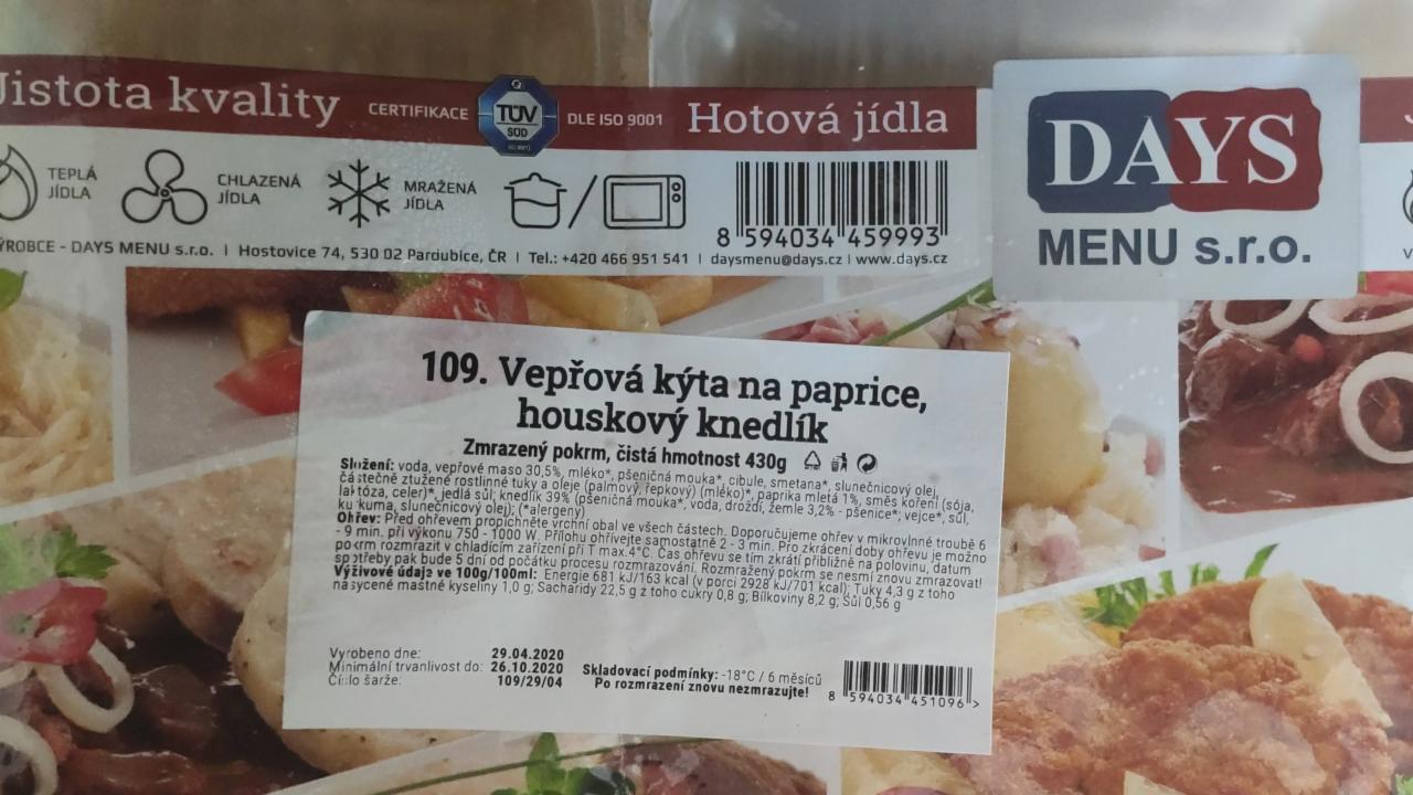 Fotografie - vepřová kýta na paprice, houskový knedlík Days menu