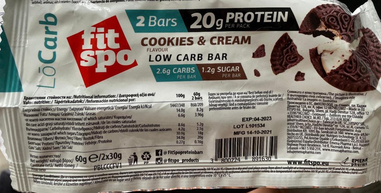 Fotografie - LōCarb cookies & cream 20g protein bar Fitspo