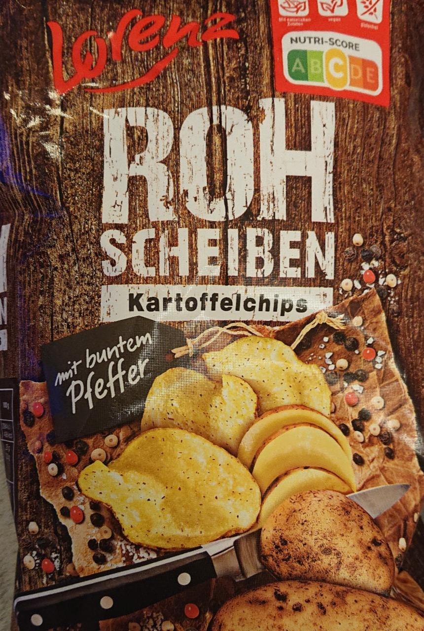 Fotografie - Roh scheiben Kartoffelchips mit buntem Pfeffer