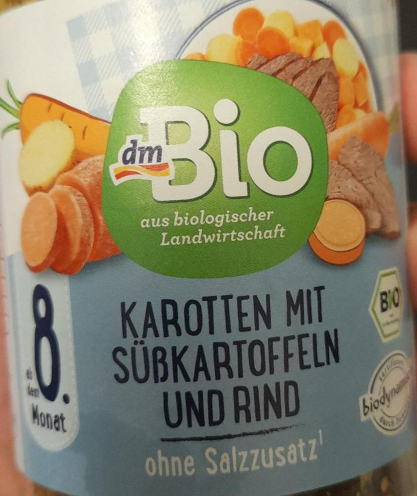 Fotografie - Karotten mit Süßkartoffeln und Rind dmBio