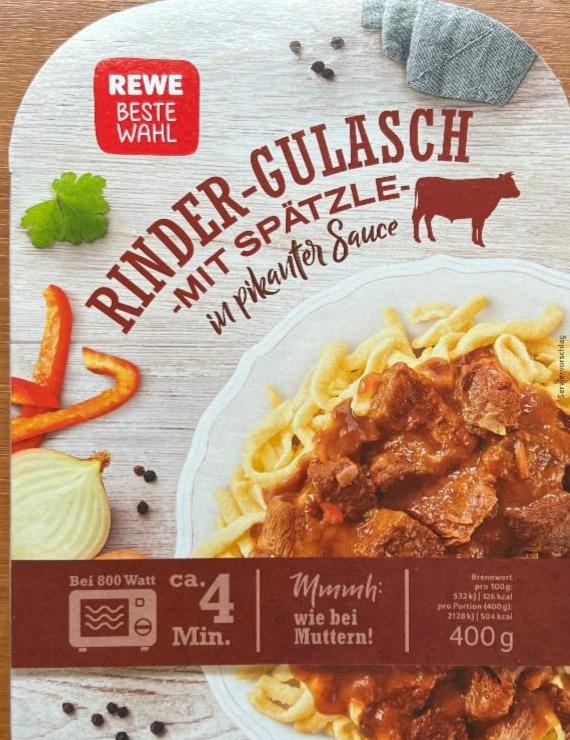 Fotografie - Rinder-gulasch mit Spätzle in pikanter Sauce Rewe beste wahl