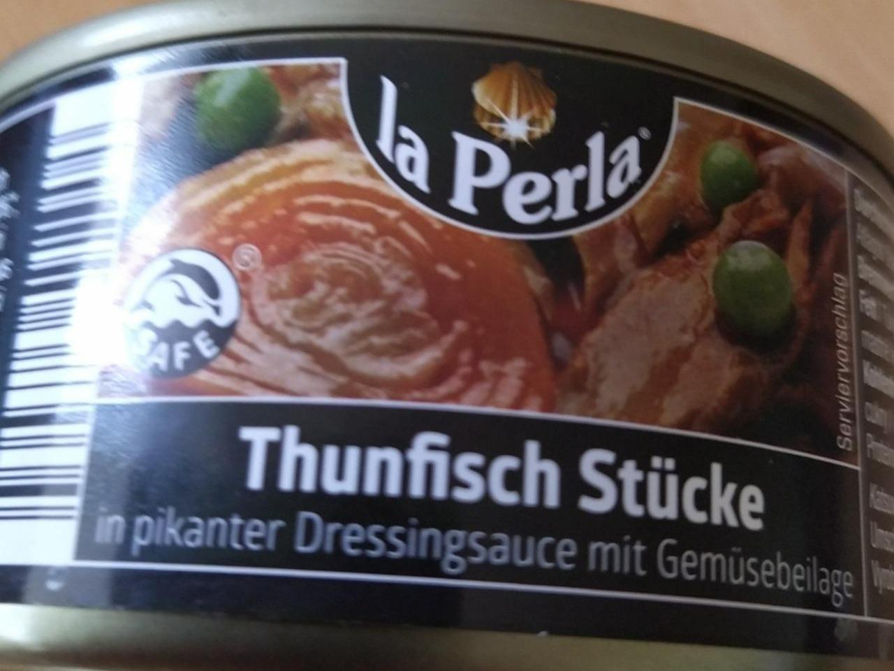 Fotografie - Thunfisch Stücke in pikanter Dressingsauce mit Gemüsebeilage La Perla