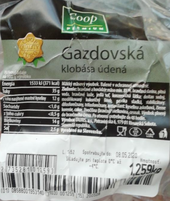 Fotografie - Coop Gazdovská klobása údená Coop Premium