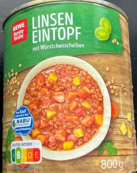 Fotografie - Linsen Eintopf mit Würstchenscheiben Rewe beste wahl