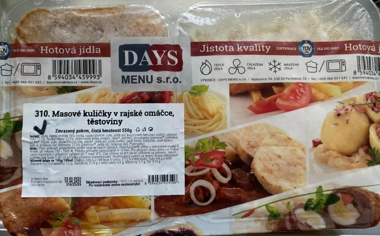 Fotografie - Masové kuličky v rajské omáčce, těstoviny Days menu