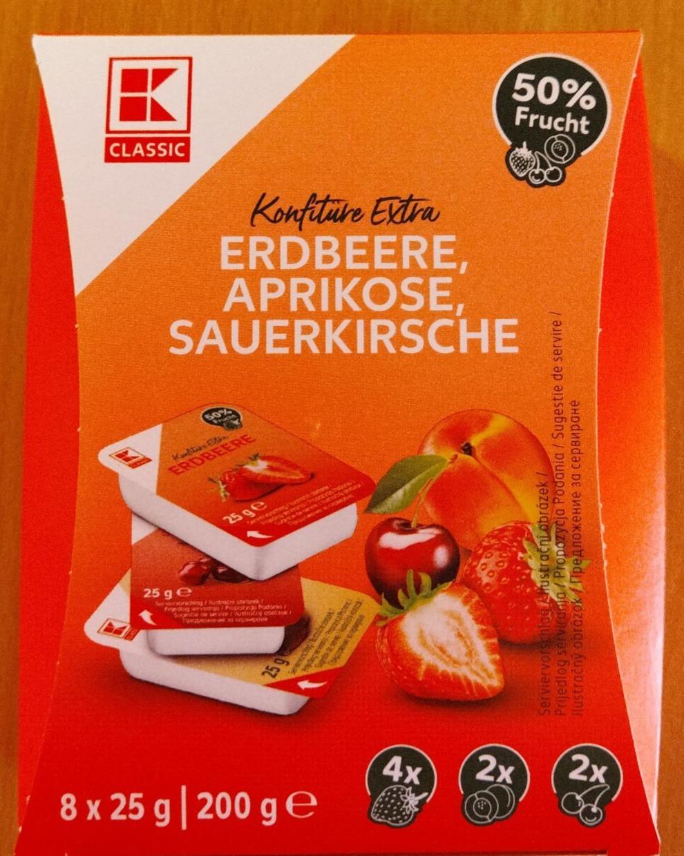 Fotografie - Konfitüre extra erdbeere, aprikose, sauerkirsche K-Classic