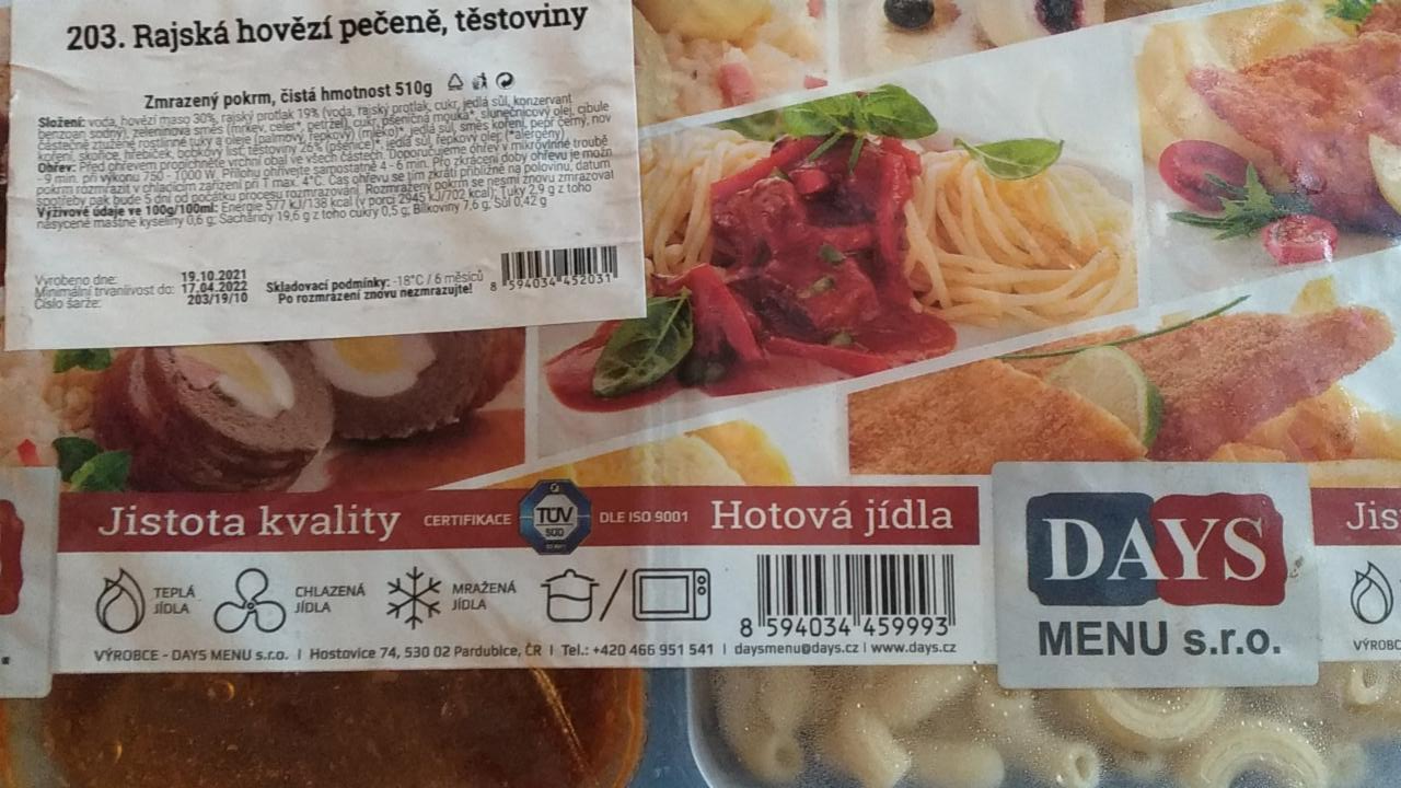 Fotografie - Rajská hovězí pečeně, těstoviny Days Menu