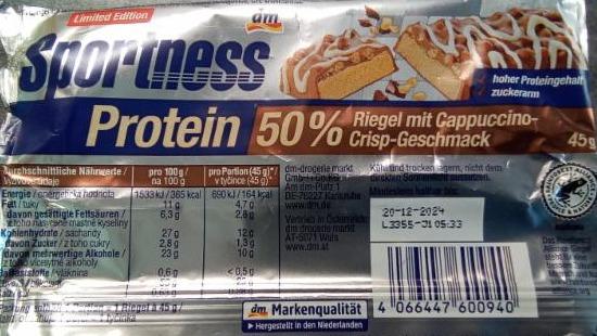 Fotografie - Protein 50% riegel mit cappuccino-crisp-geschmack Sportness