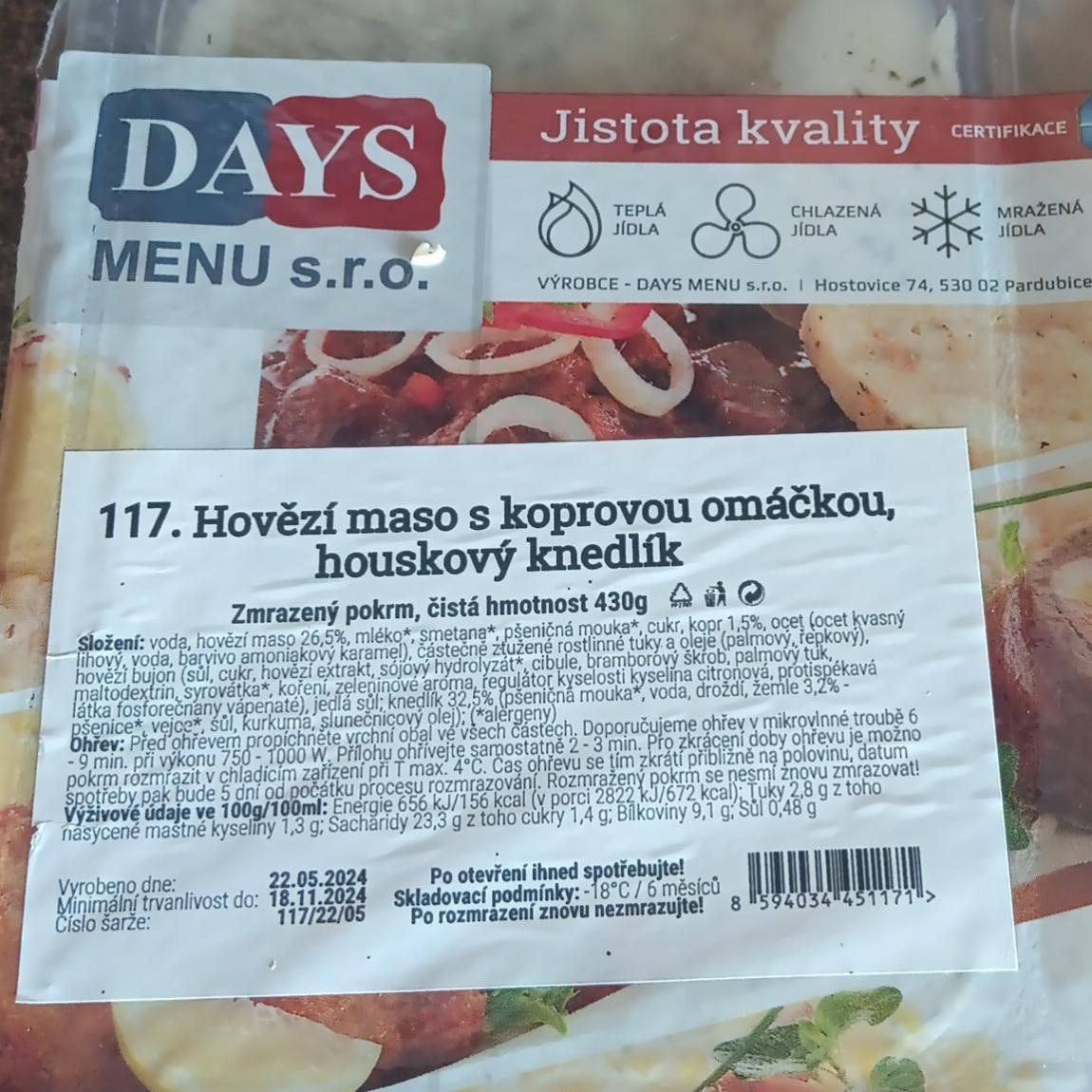 Fotografie - Hovězí maso s koprovou omáčkou, houskový knedlík Days menu