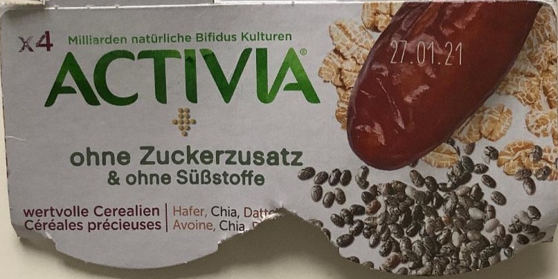 Fotografie - Activia Hafer, Chia, Dattel ohne Zuckerzusatz & ohne Süßstoffe