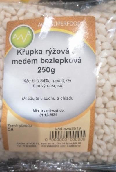 Fotografie - Křupka rýžová s medem bezlepková AWA superfoods