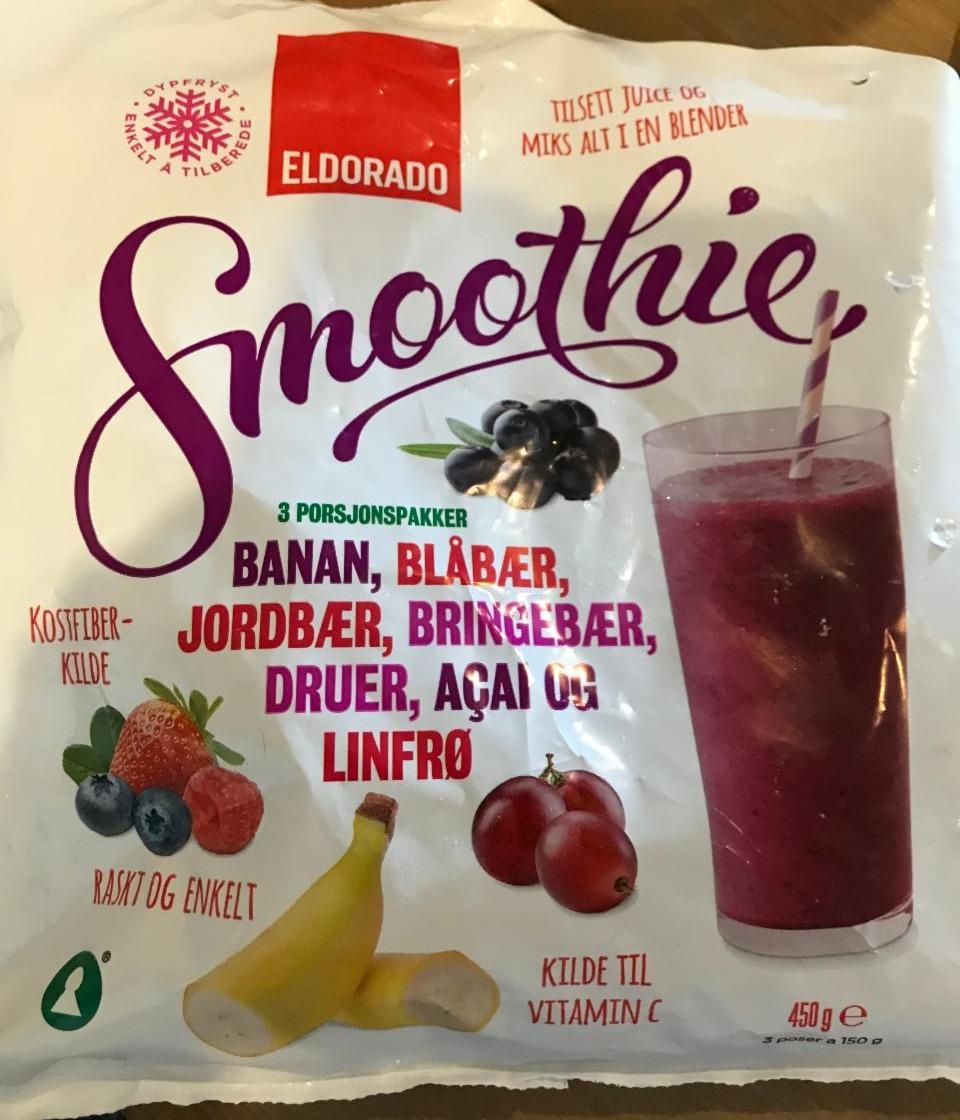 Fotografie - Smoothie banan, blåbær, jordbær, bringebær, druer, acai og linfrø Eldorado