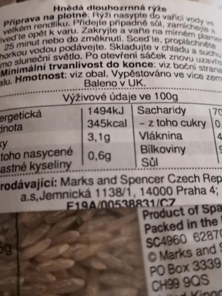 Fotografie - hnědá dlouhozrnná rýže M&S