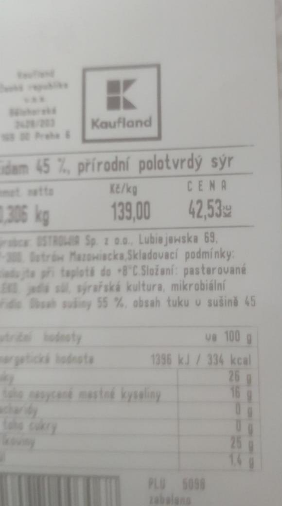 Fotografie - eidam 45% polotvrdý K-Kaufland