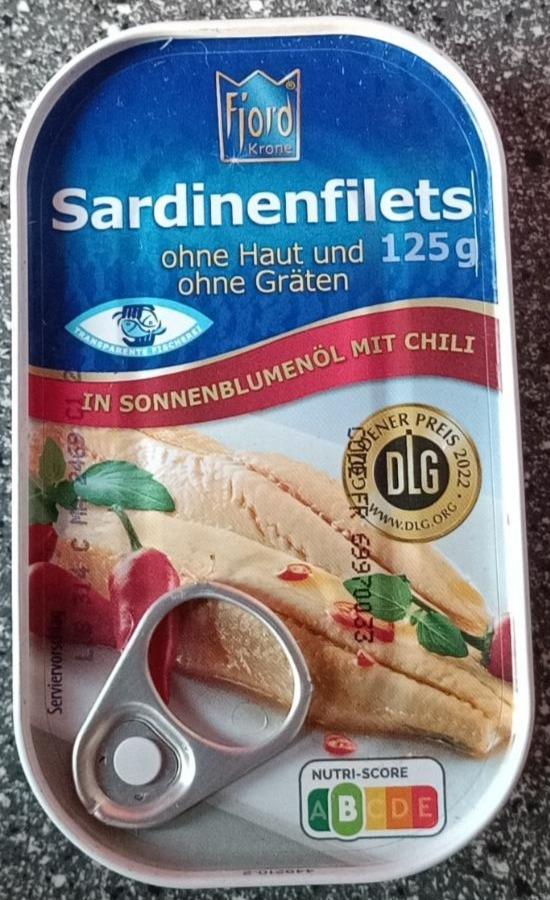 Fotografie - Sardinenfilets ohne haut und ohne gräten in sonnenblumenöl mit chili Fiord Krone