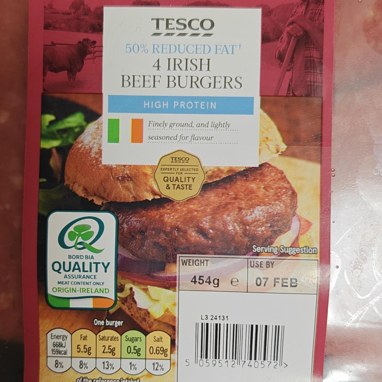 Fotografie - 4 irish beef burgers 50% reduced fat Tesco