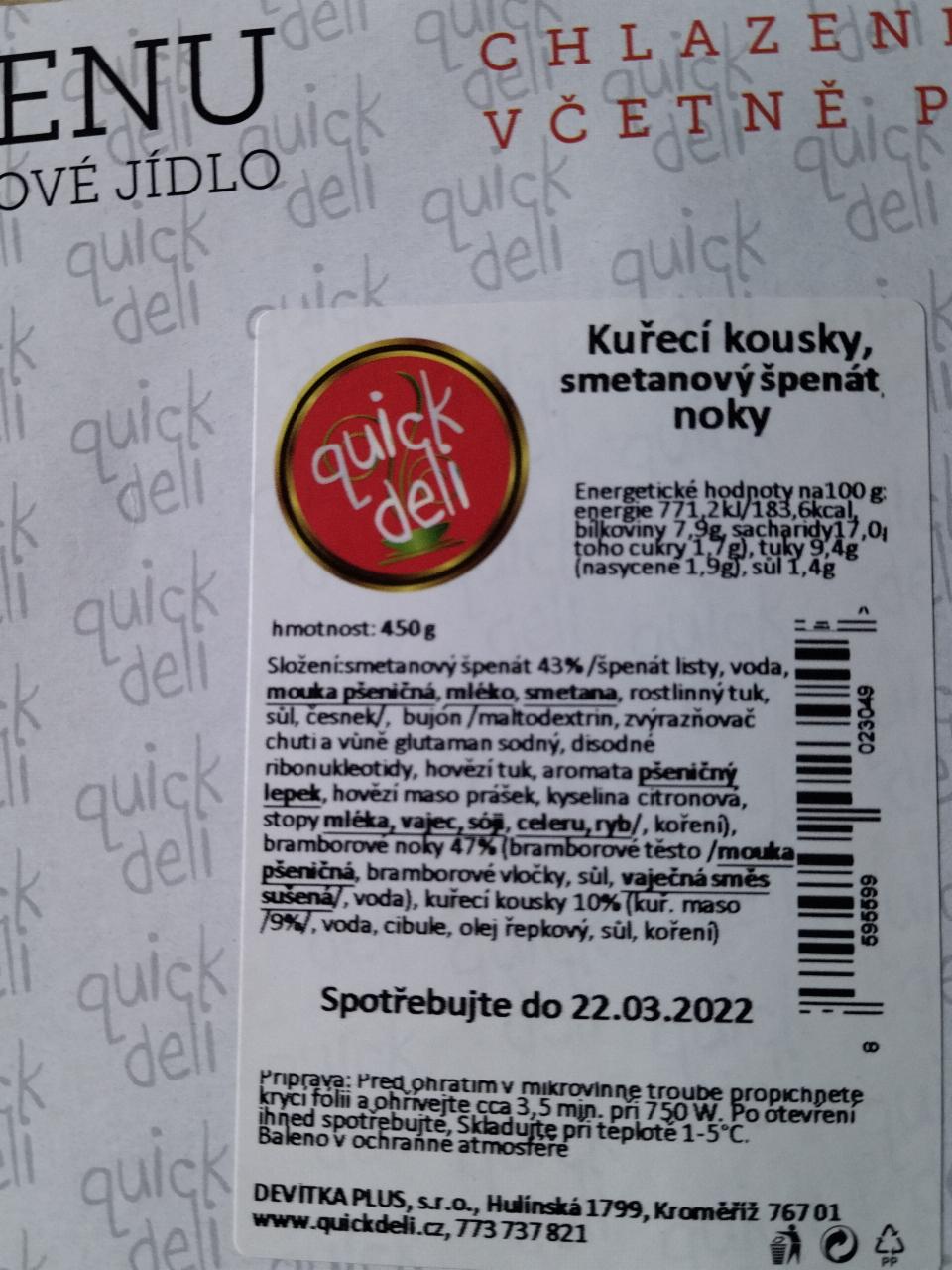Fotografie - Kuřecí kousky, smetanový špenát, noky Quick deli