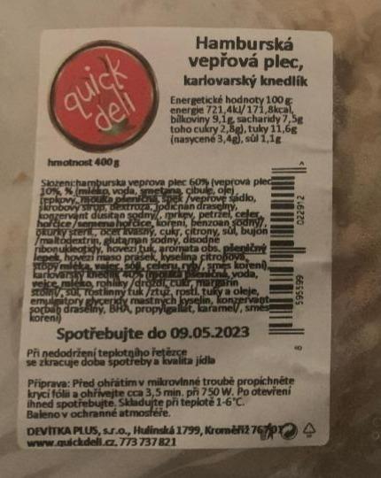 Fotografie - Hamburská vepřová plec, Karlovarský knedlík Quick deli