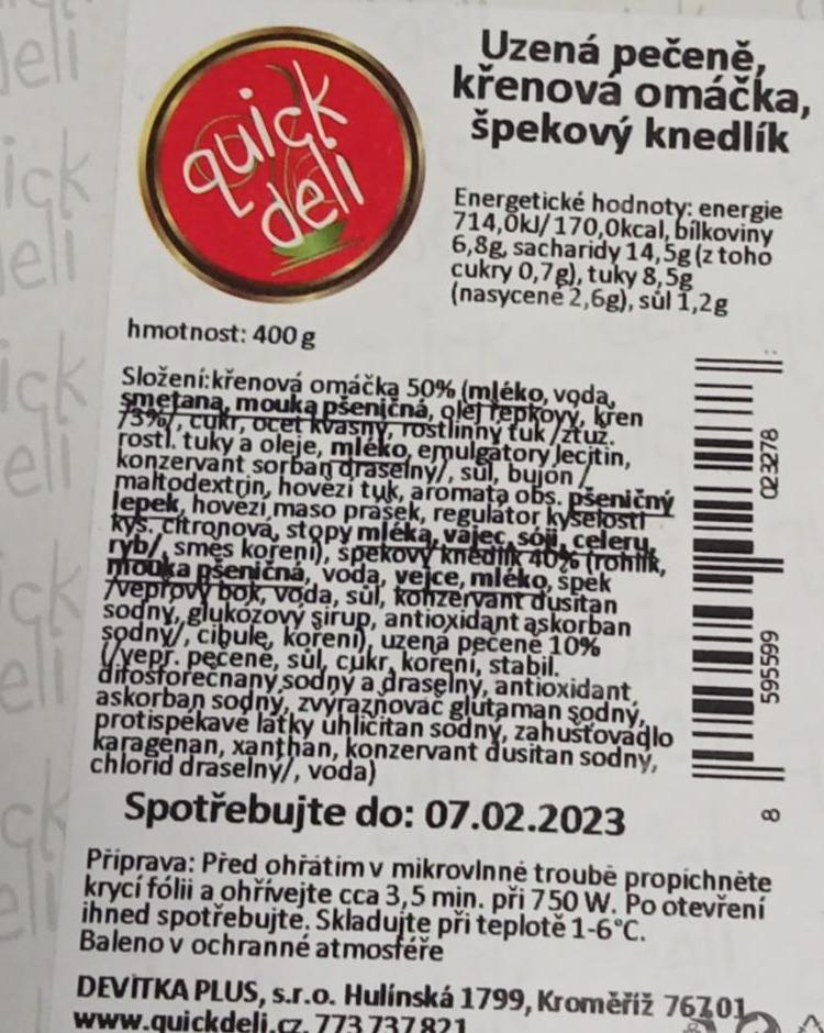 Fotografie - Uzená pečeně, křenová omáčka, špekový knedlík Quick deli