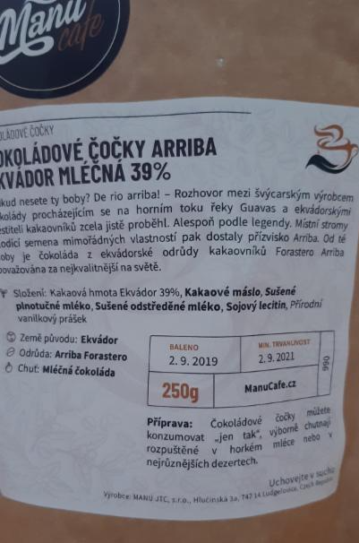 Fotografie - Čokoládové čočky arriba ekvádor mléčná 39% ManuCafe