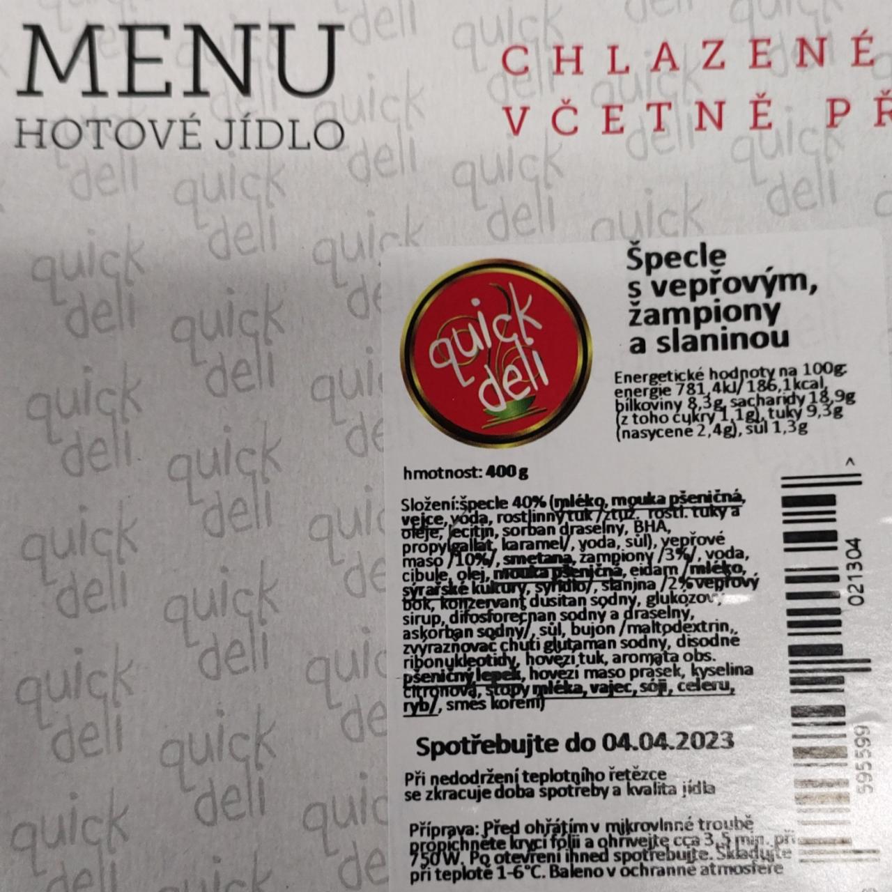 Fotografie - Špecle s vepřovým, žampiony a slaninou quick deli