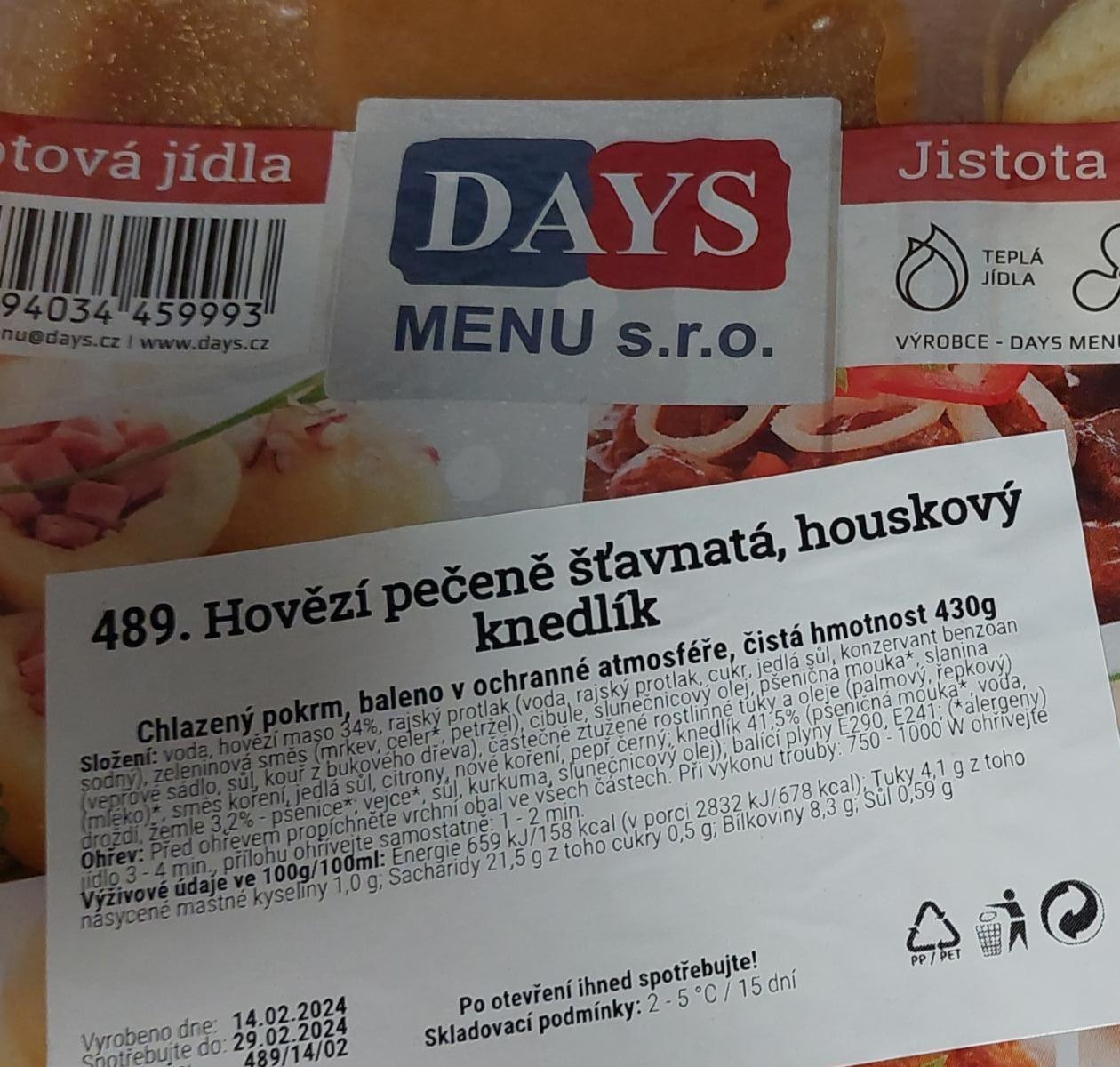 Fotografie - Hovězí pečeně šťavnatá, houskový knedlík Days menu