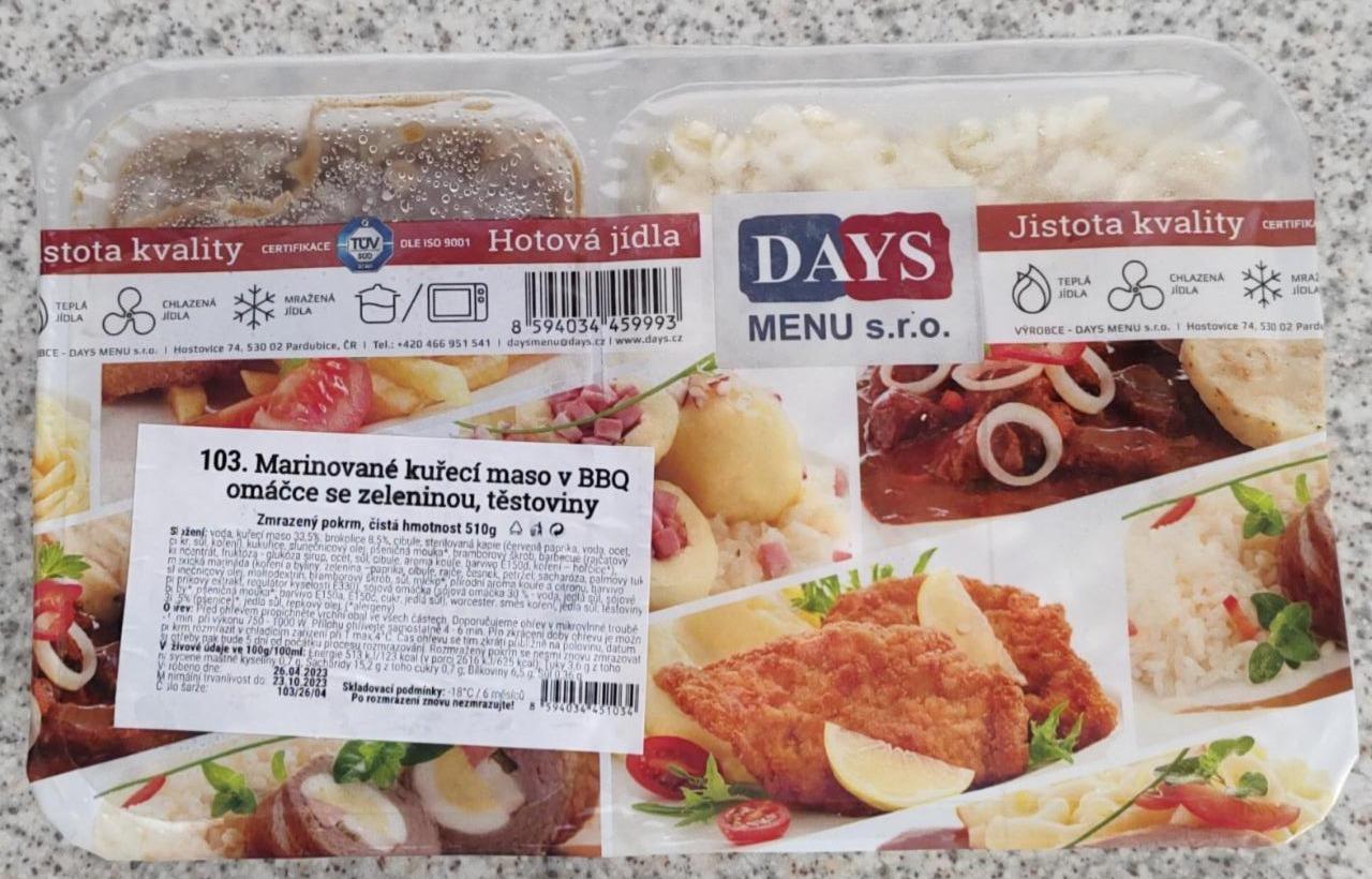 Fotografie - Marinované kuřecí maso v BBQ omáčce se zeleninou, těstoviny Days menu