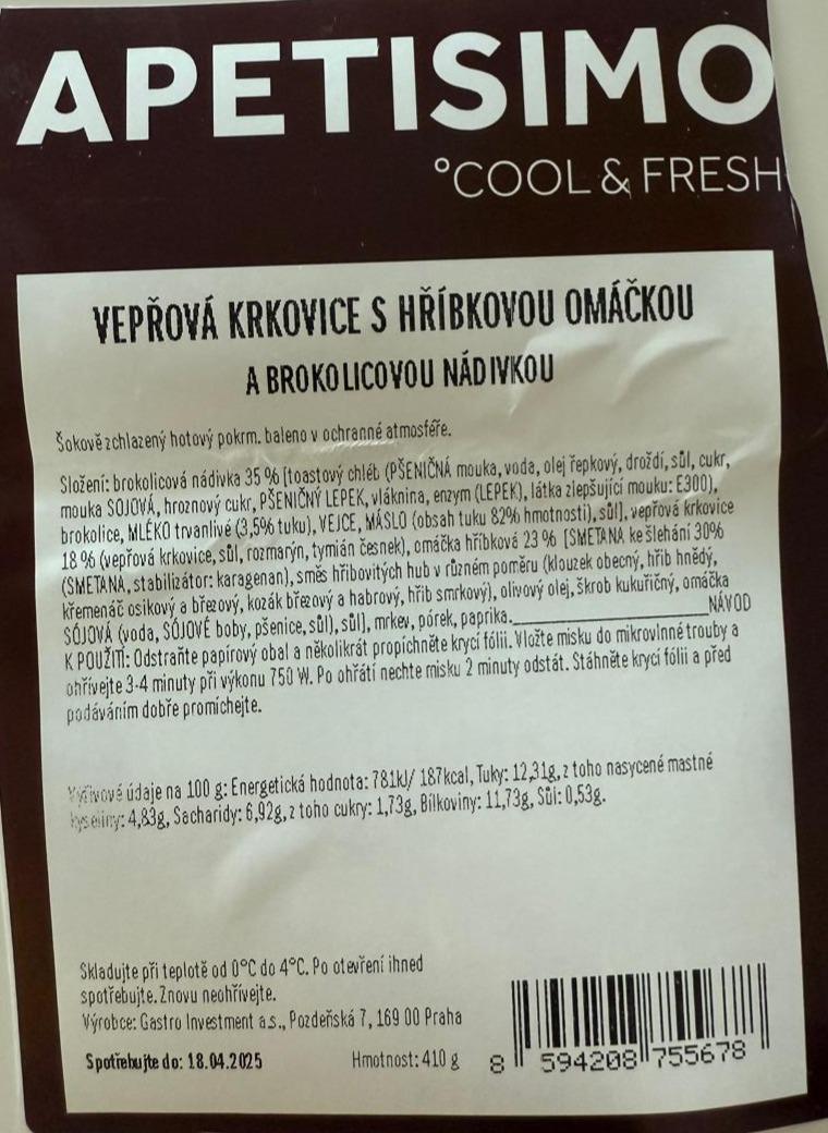 Fotografie - Vepřová krkovice s hříbkovou omáčkou a brokolicovou nádivkou Apetisimo