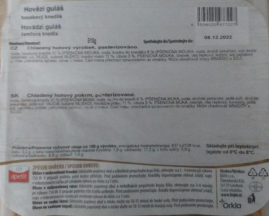 Fotografie - Apetit hovězí guláš houskový knedlík