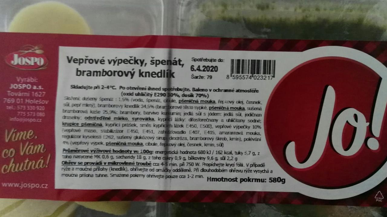 Fotografie - Vepřové výpečky, špenát, bramborový knedlík Jospo